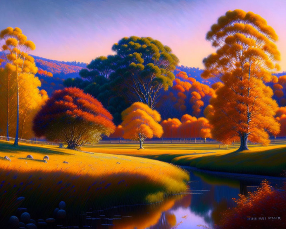 Twilight landscape: vivid autumn trees, sheep grazing, serene pond.