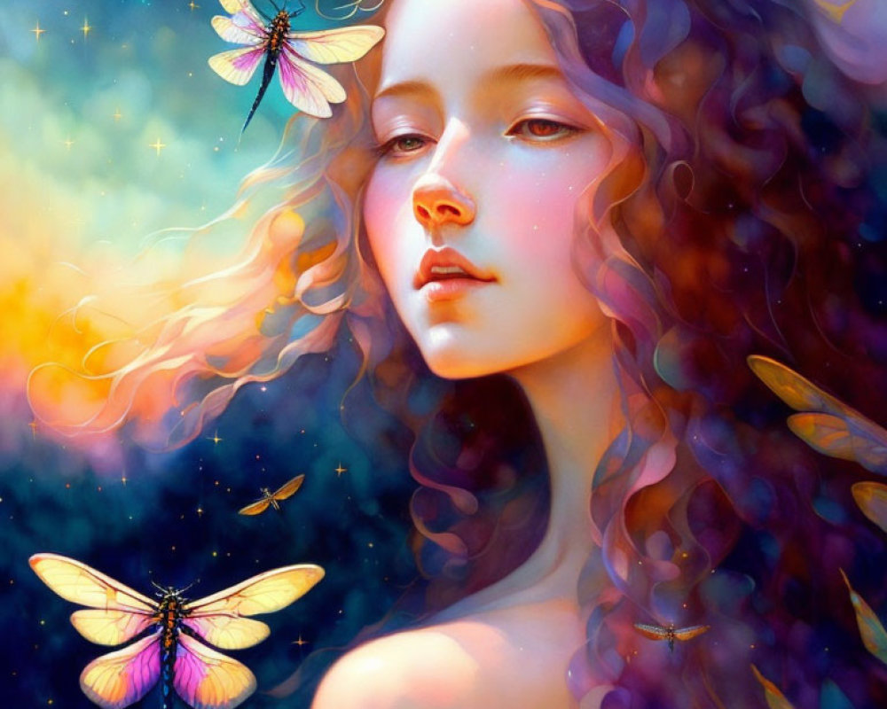 Colorful painting of girl with curly hair and dragonflies in starry setting