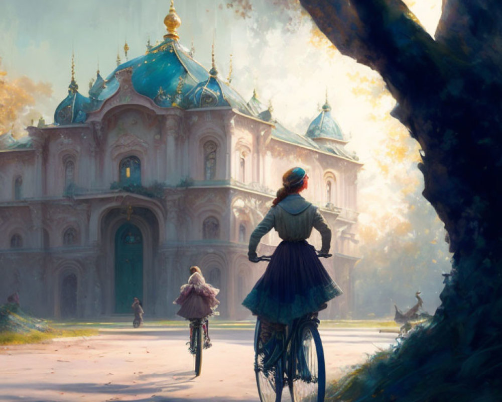 Vintage-dressed woman admires palace with child on bicycle in warm sunlight