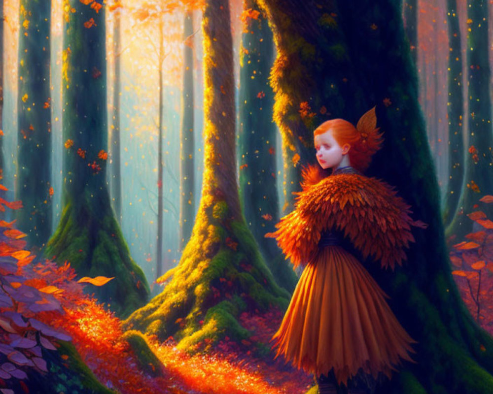 Child in feathered cape gazes at sunlit autumn forest