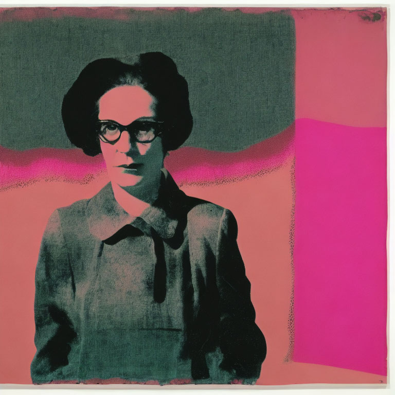 Pop Art Style Image: Woman with Glasses & Bold Hairdo on Pink & Grey Background