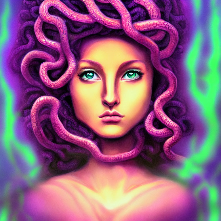 Illustration of woman with serpentine hair and green eyes