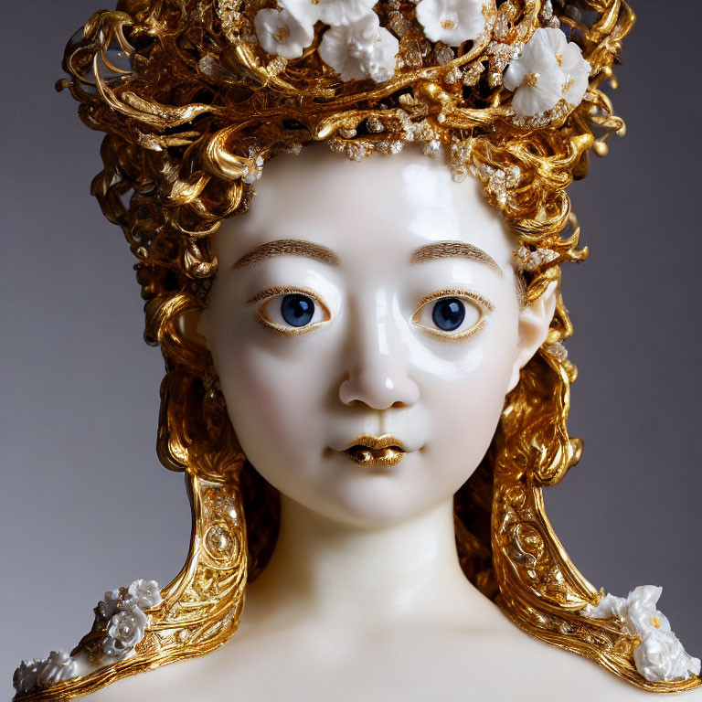 Porcelain bust with intricate golden hair and blue eyes