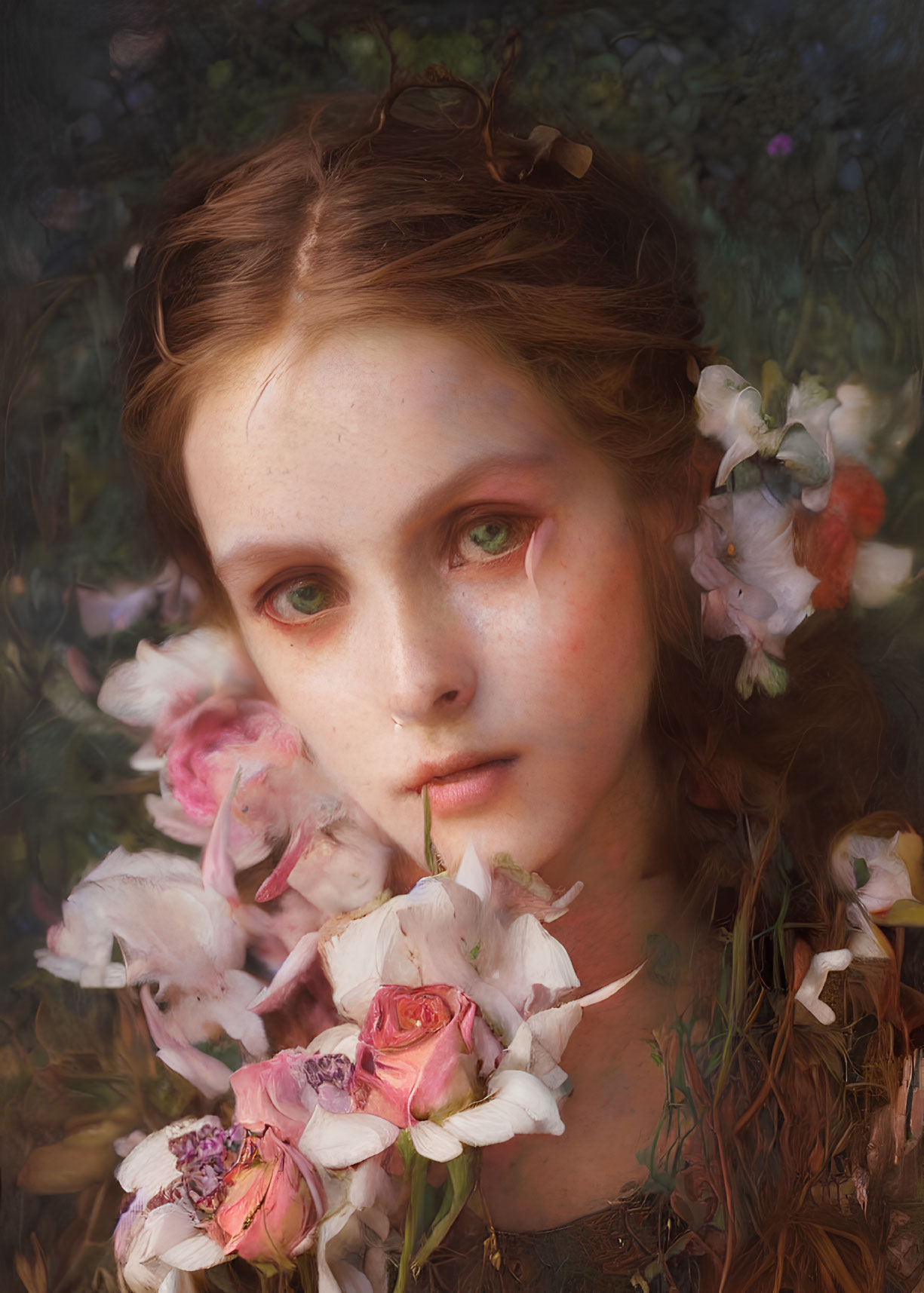 Portrait of young individual with green eyes among pink and white flowers