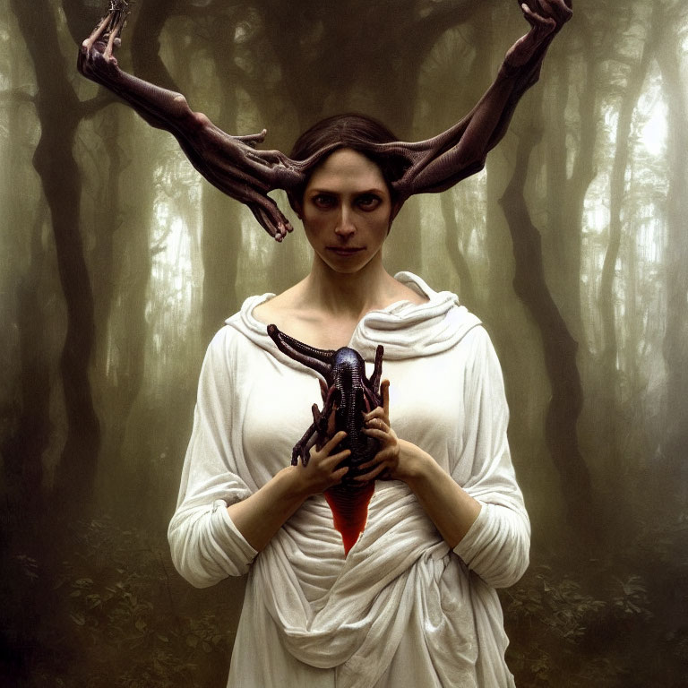 Woman with Antlers Holding Dark Heart in Misty Forest