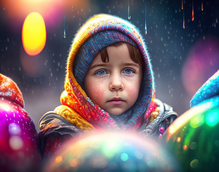 Colorful Hooded Child Contemplating Raindrops and Light Orbs