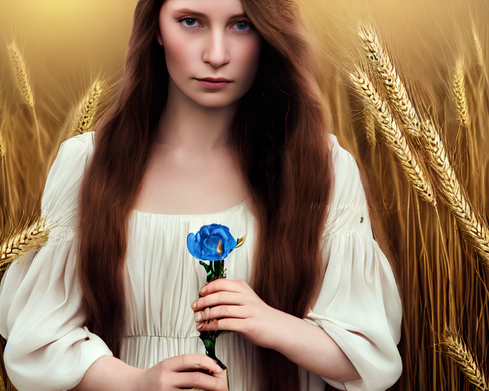 Woman in white dress with blue flower in golden wheat field