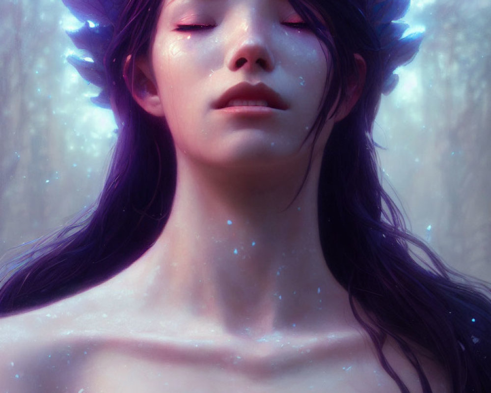 Illustration of woman with purple petal structures and glowing freckles in enchanted forest.