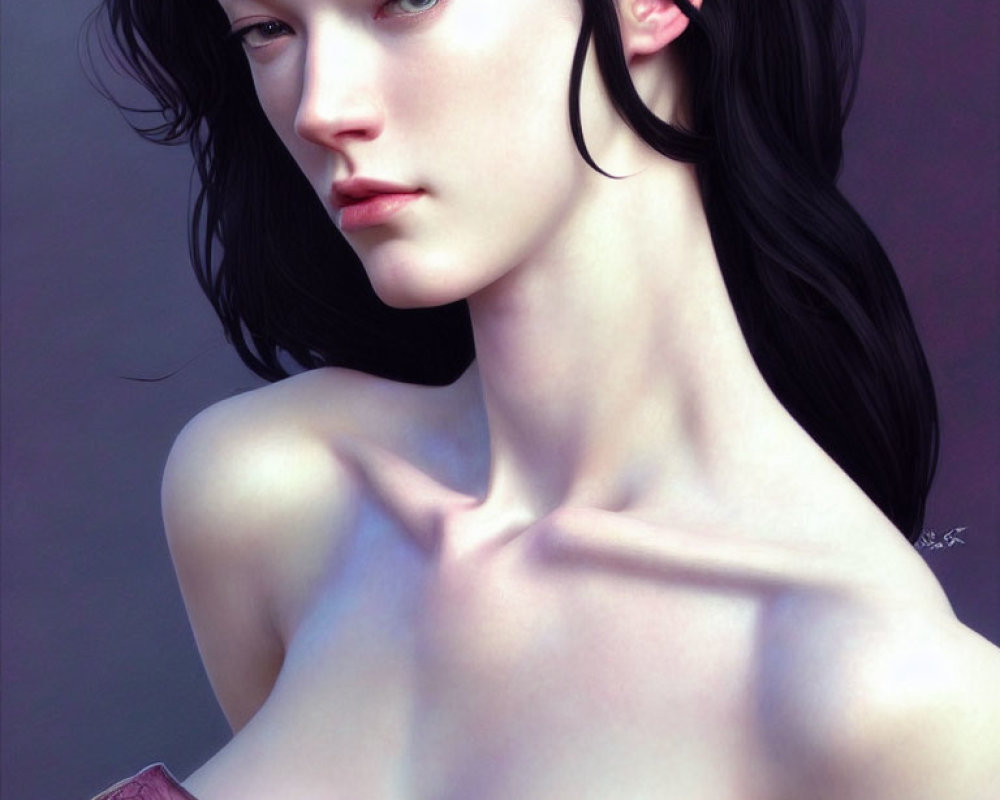 Digital painting of a woman with porcelain skin, dark hair, prominent cheekbones, and a tattoo on