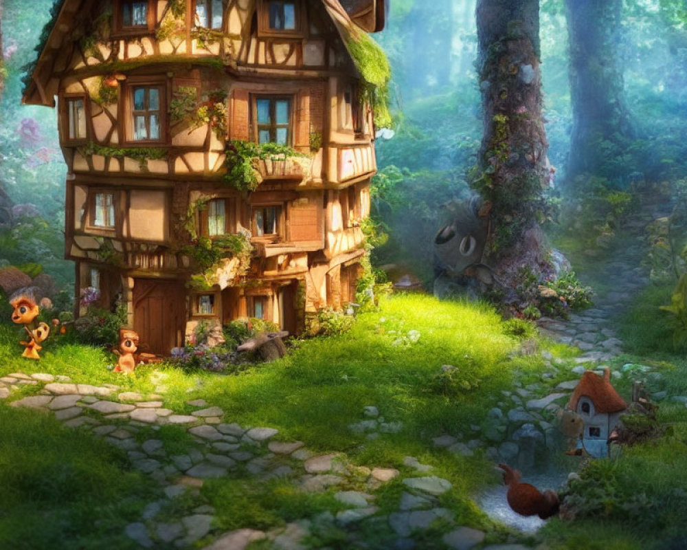 Enchanting cottage in lush forest with animated creatures