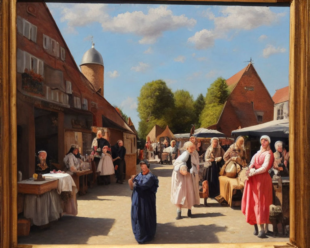 Historical village market with people in period clothing on a sunny day