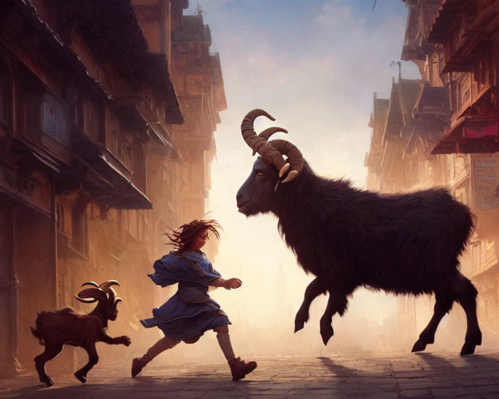 Girl in Blue Dress with Two Goats Running in Sunlit Street