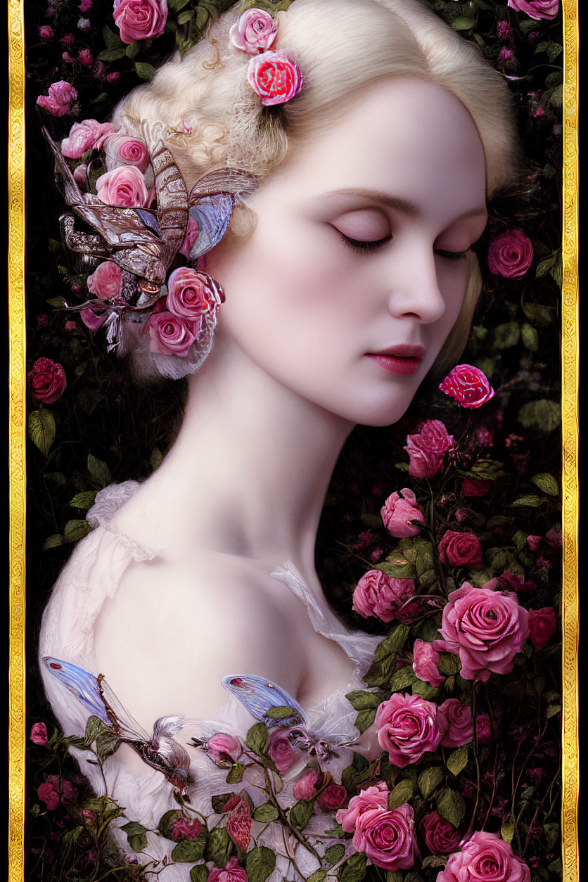 Blonde woman with pale skin, roses, butterflies, and floral backdrop