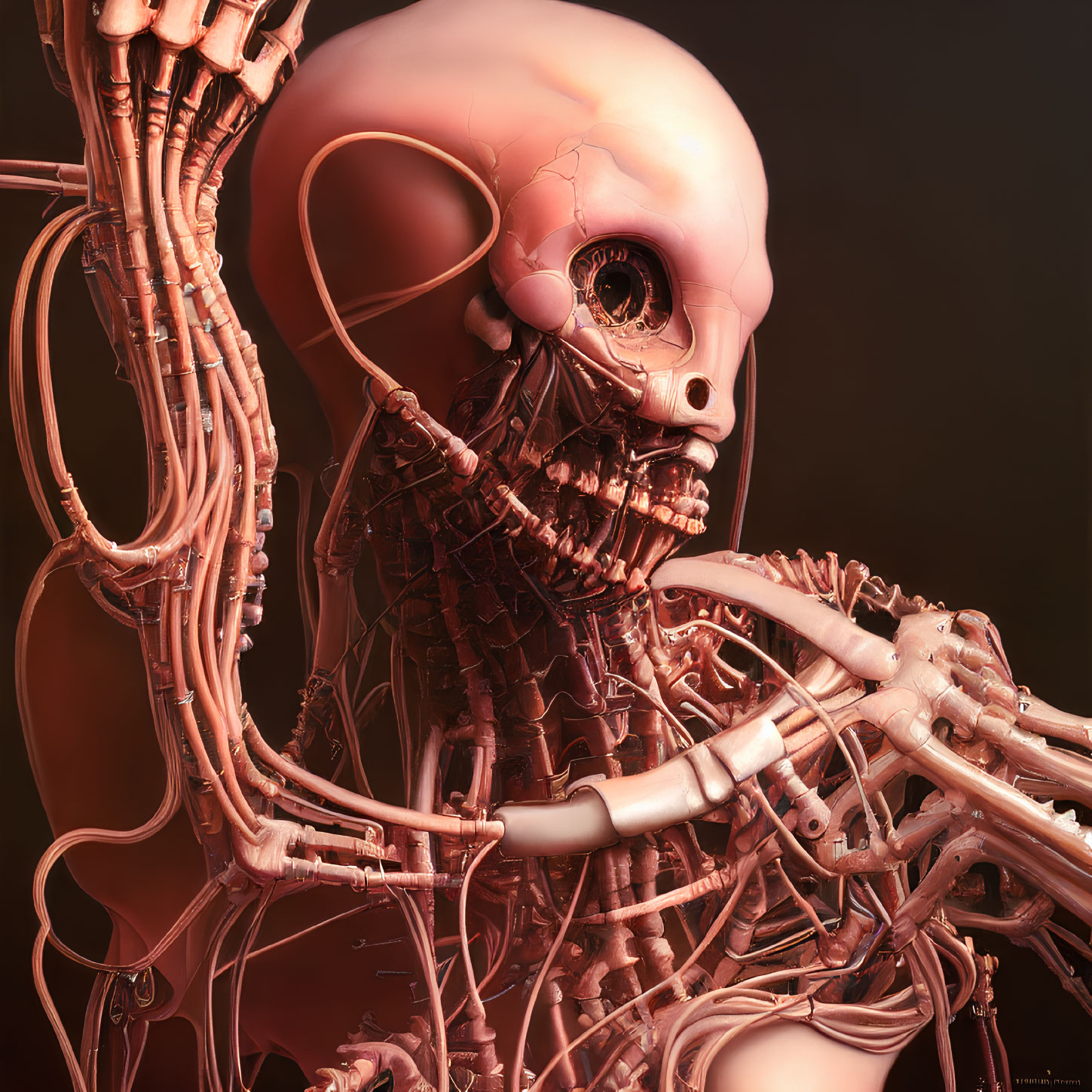 Stylized humanoid skull with intricate mechanical details in 3D rendering