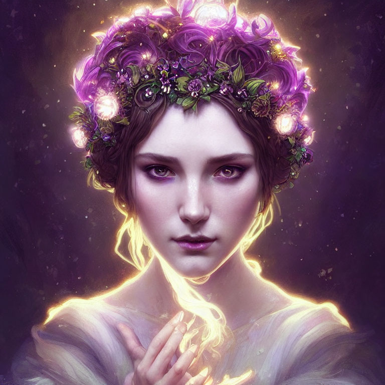 Digital Artwork of Woman with Glowing Outlines and Purple Flower Crown