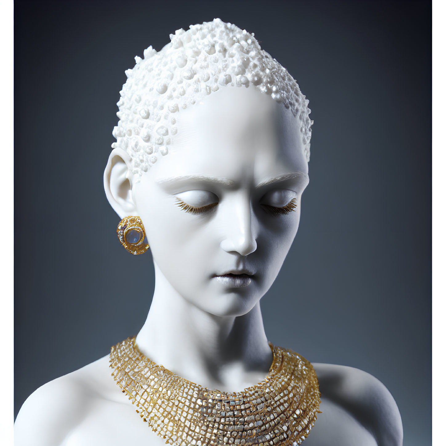 Stylized mannequin with intricate textures, golden earrings, eyelashes, and beaded necklace