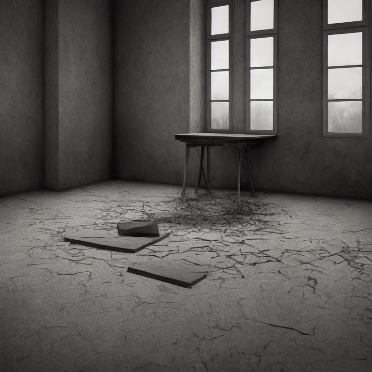 Empty room with cracked floors, table, and large windows