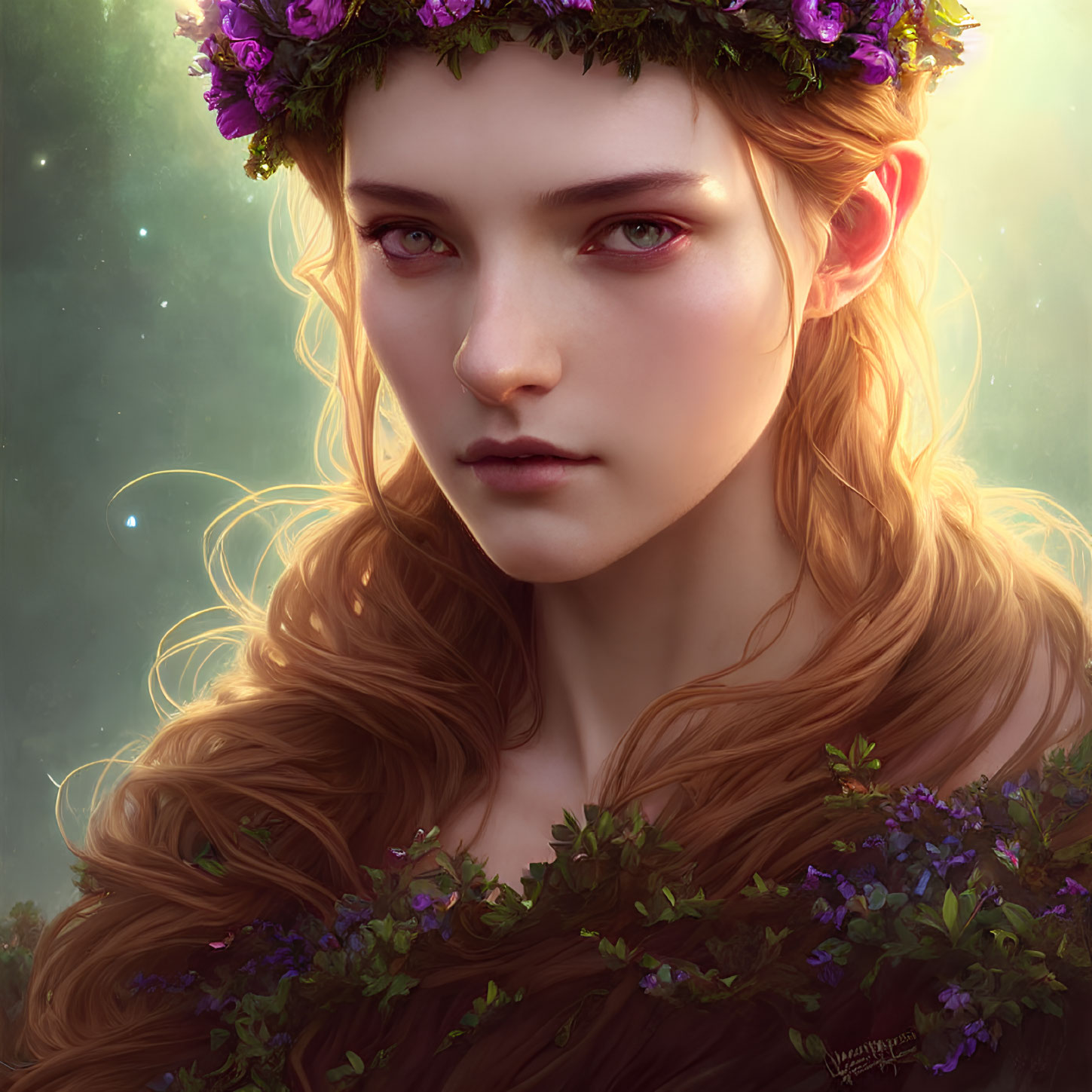 Fantasy portrait of woman with pointed ears and floral crown