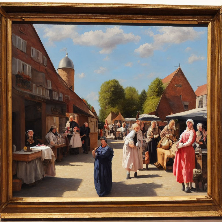 Historical village market with people in period clothing on a sunny day