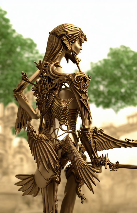 Sepia-Toned Steampunk Humanoid Sculpture with Gears and Mechanical Details