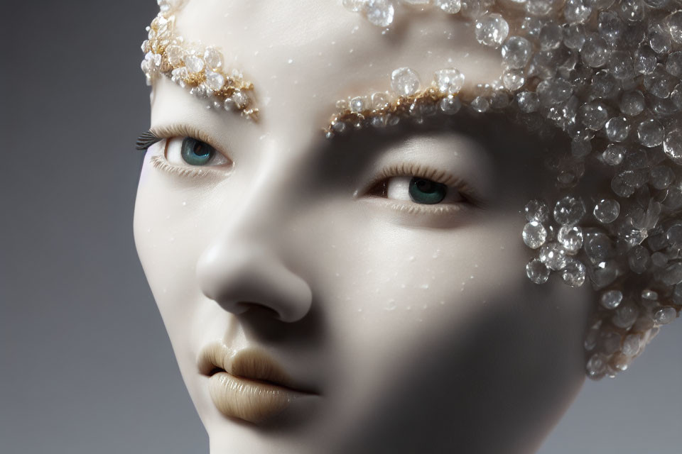 Mannequin head adorned with clear and golden beads and striking blue eyes