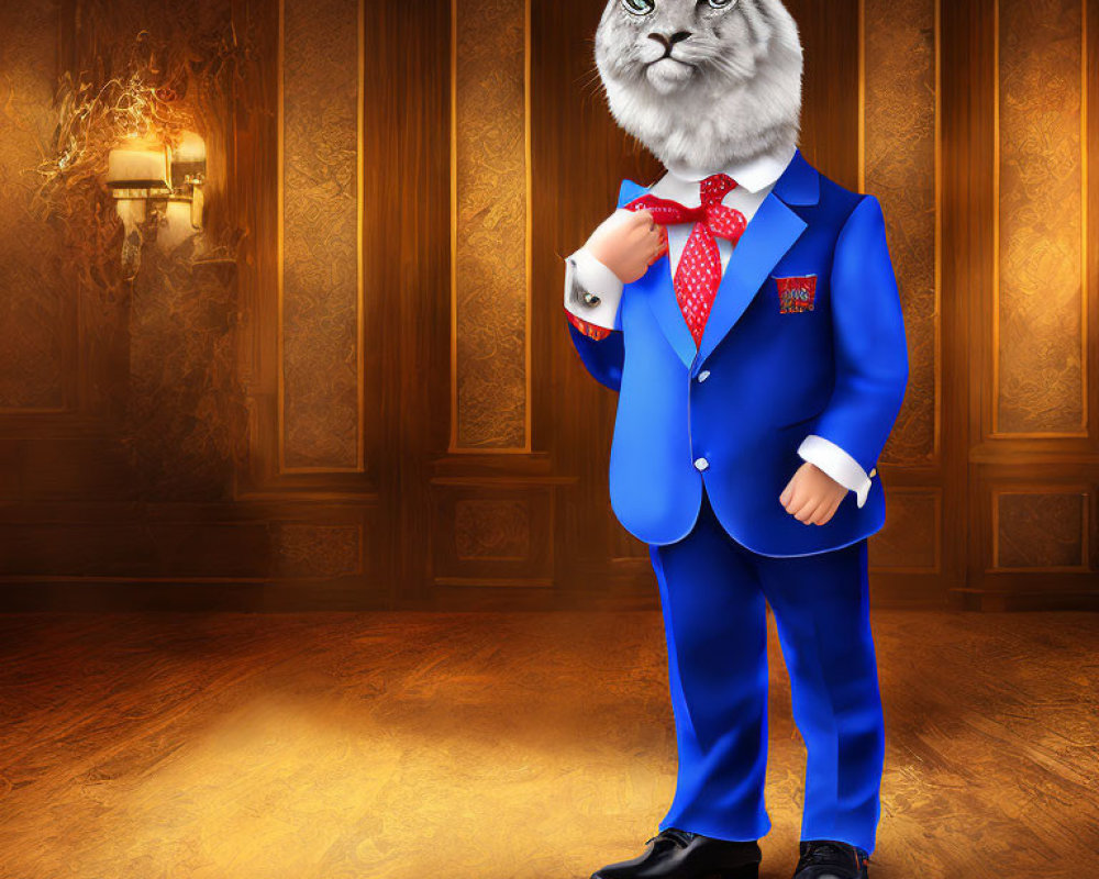 Confident anthropomorphic tiger in blue suit and red tie in elegant room