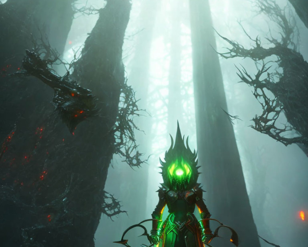 Mysterious figure in green and black armor in dark, misty forest