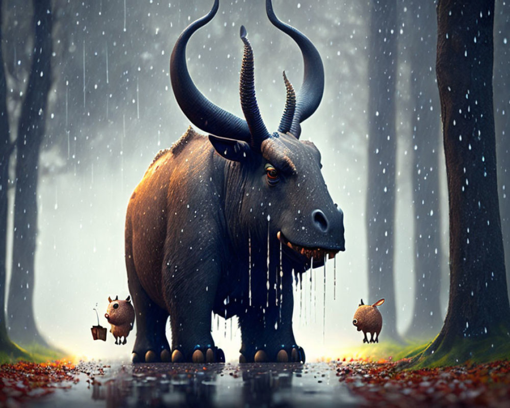 Majestic buffalo with twisted horns in mystical forest with two smaller creatures