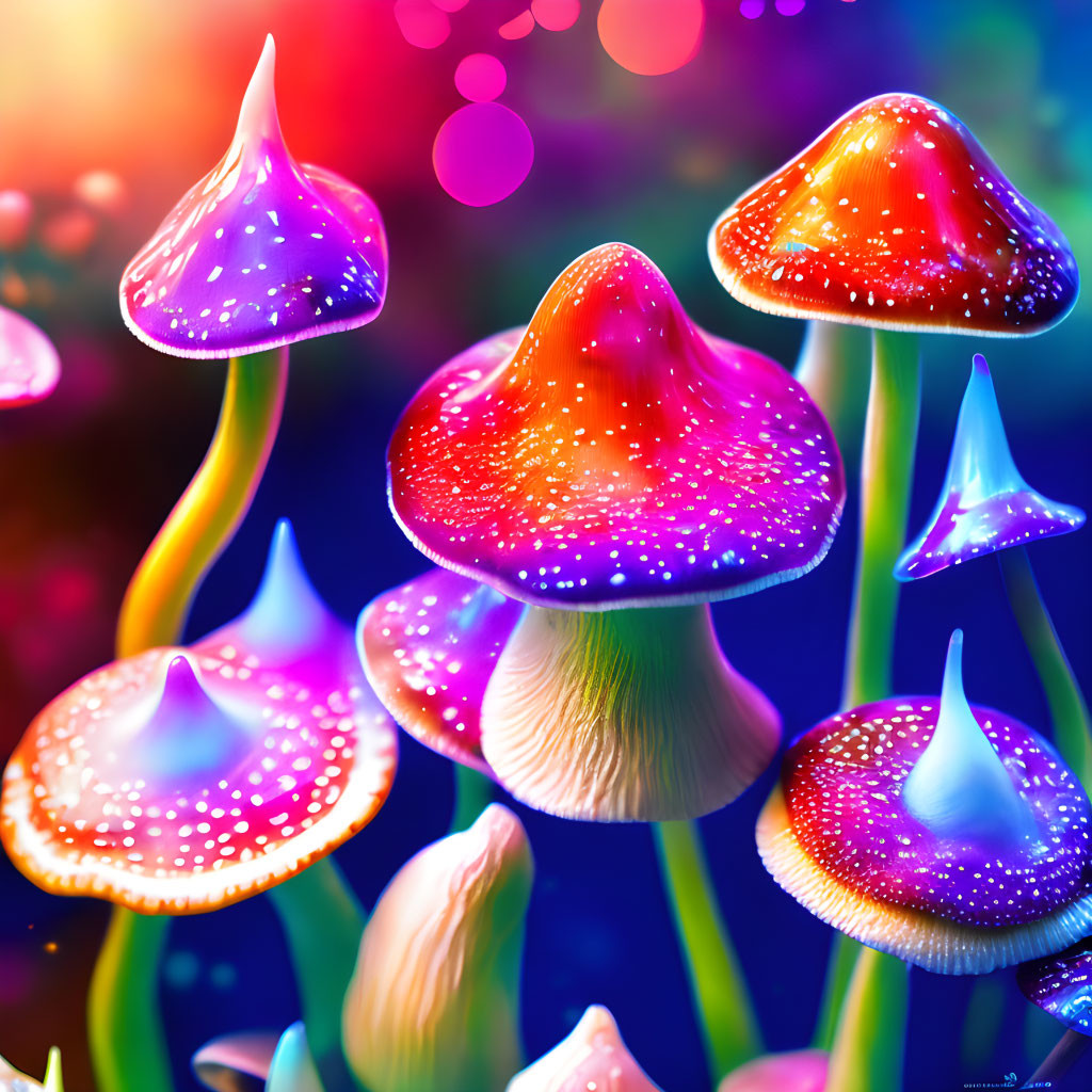 Colorful Glowing Mushrooms on Blurred Background