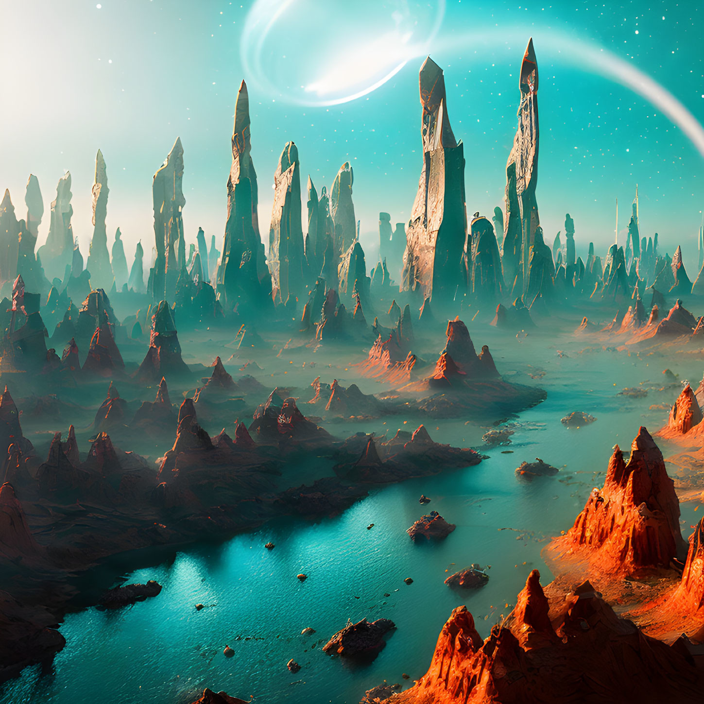 Surreal alien landscape with rock formations, blue lake, and distant planet with rings.