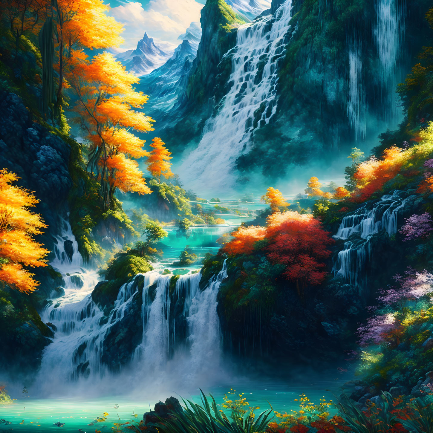 Fantasy landscape with cascading waterfalls, river, autumn trees, and mountains