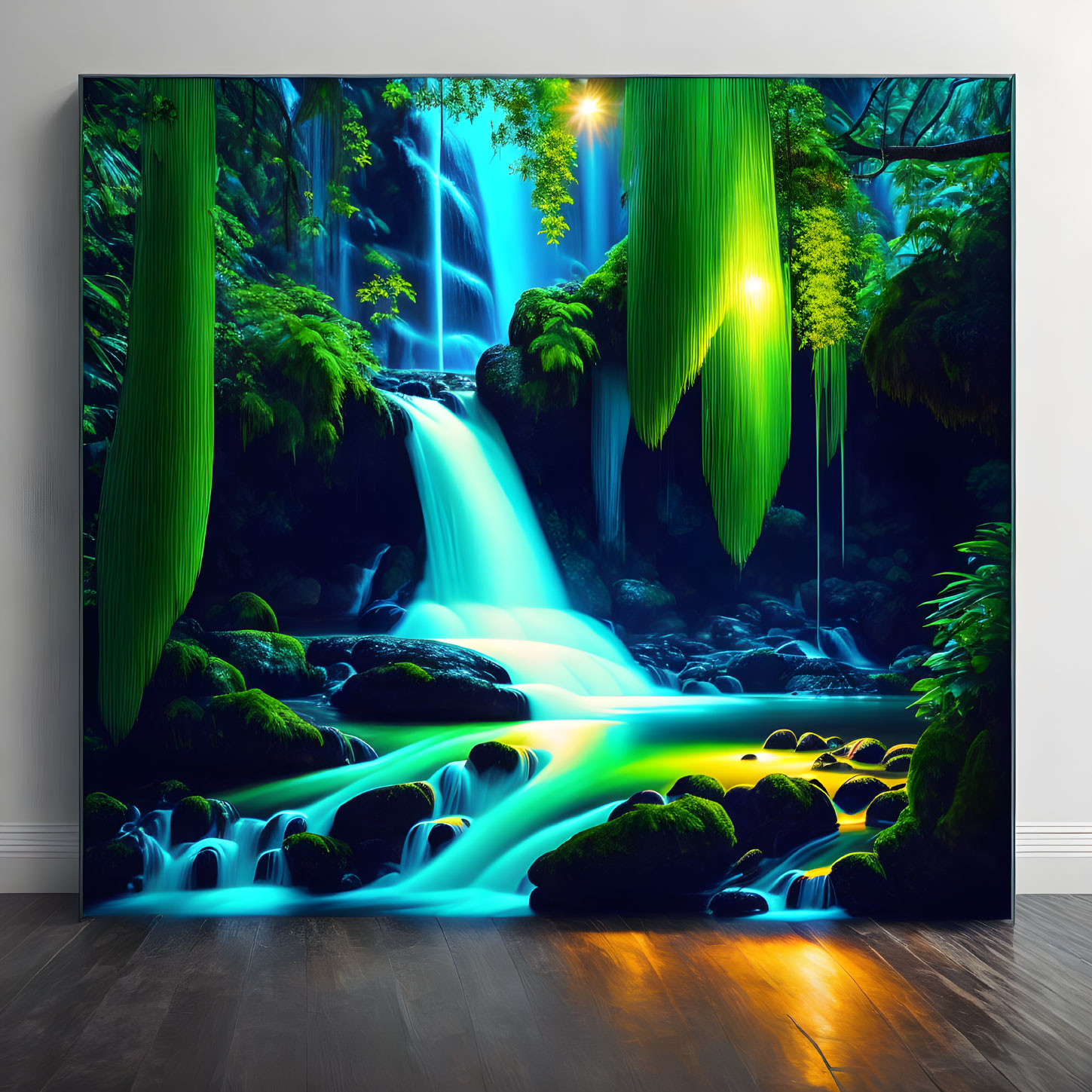 Vibrant waterfall painting with blue waters and forest backdrop