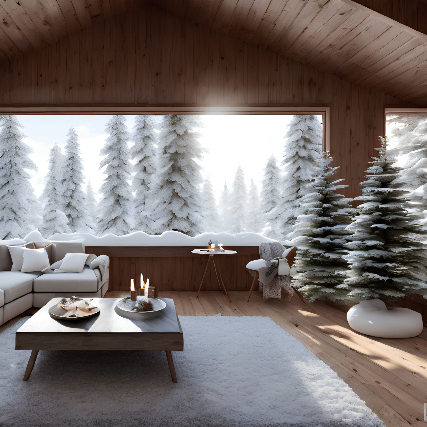 Snowy forest view from cozy wooden cabin interior with white sofas and candles