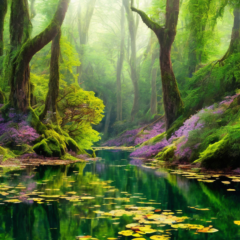 Tranquil forest scene with green trees, purple flowers, serene river, and lily pads in