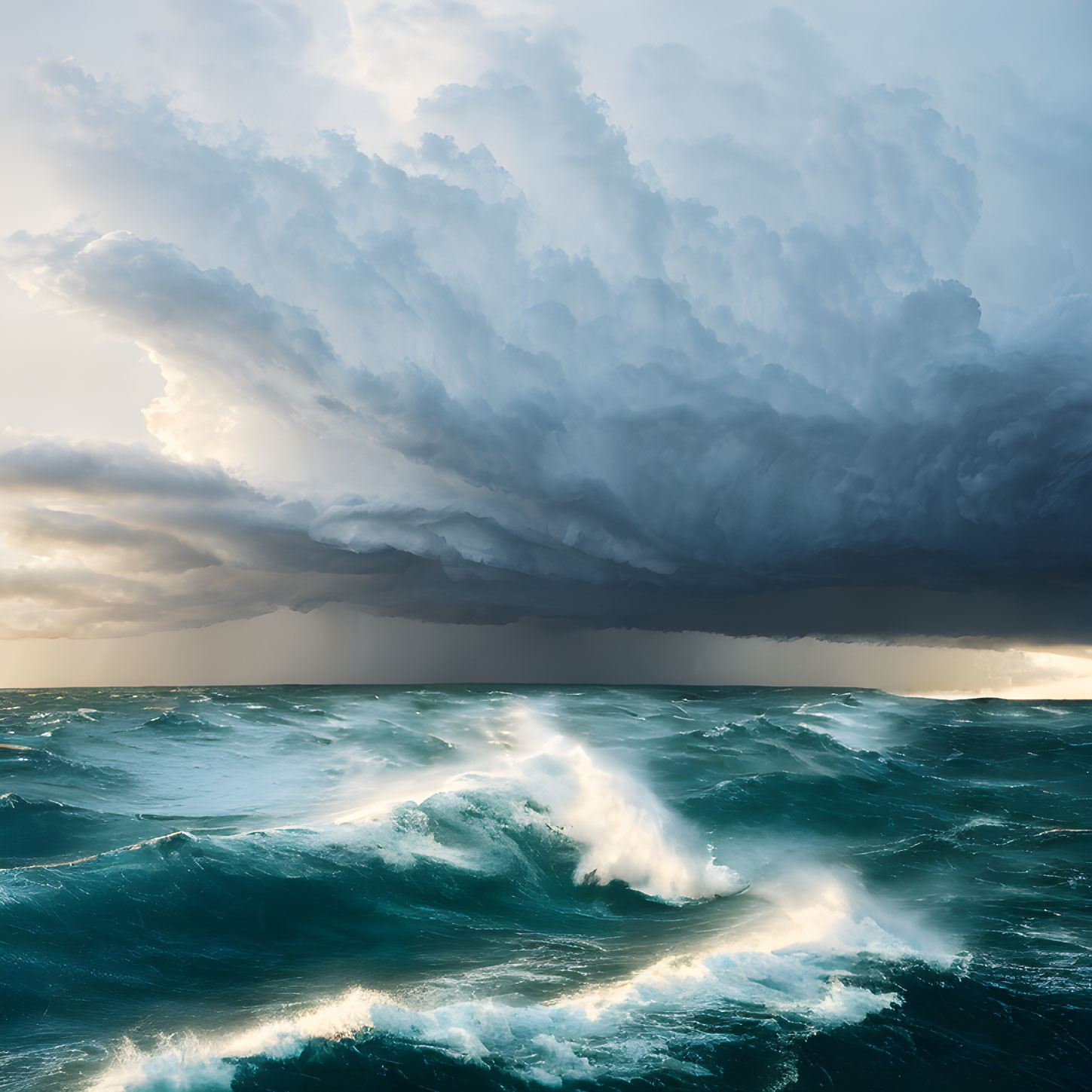 Dramatic Ocean Scene with Turbulent Waves and Ominous Storm Cloud
