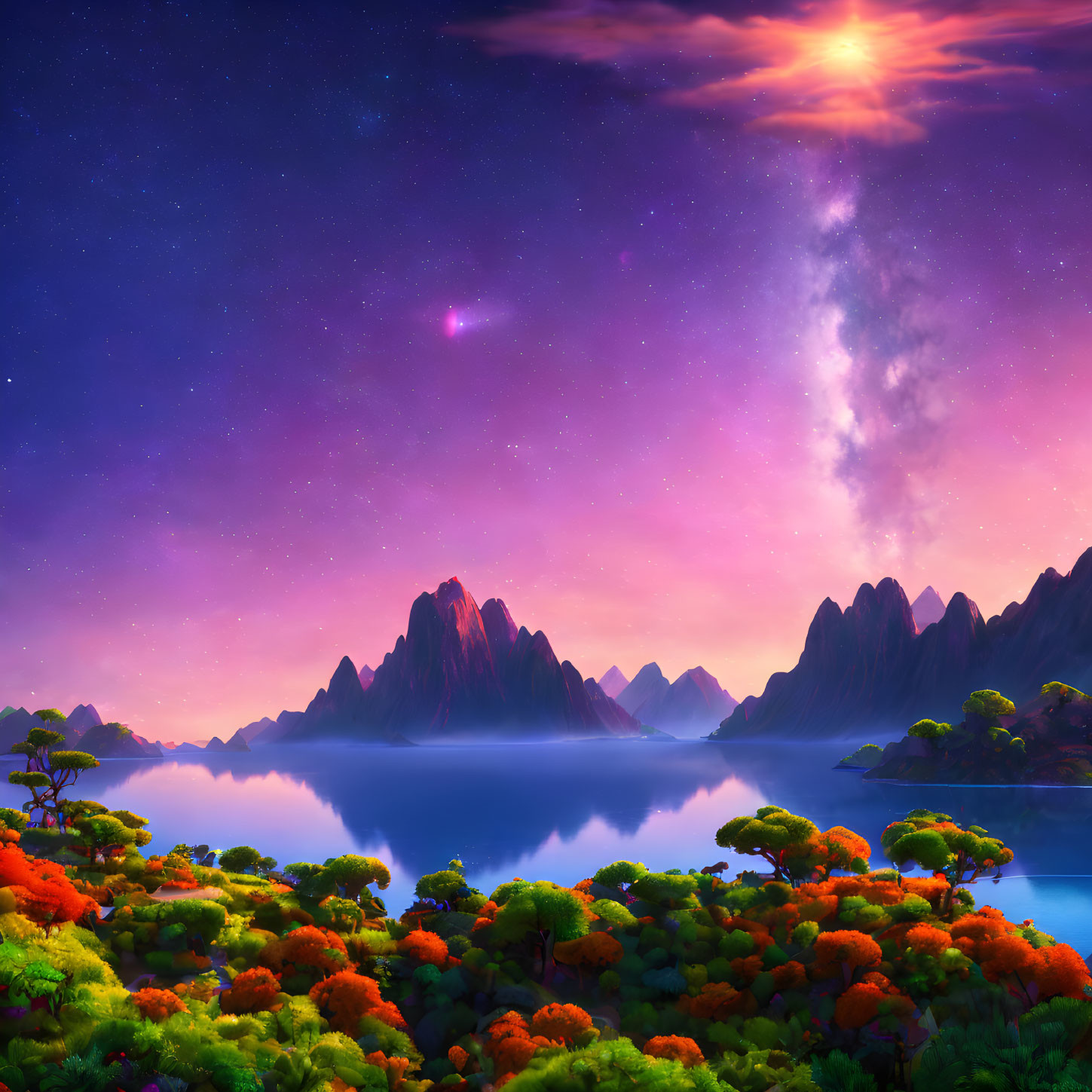 Serene lake, colorful flora, majestic mountains under starry sky