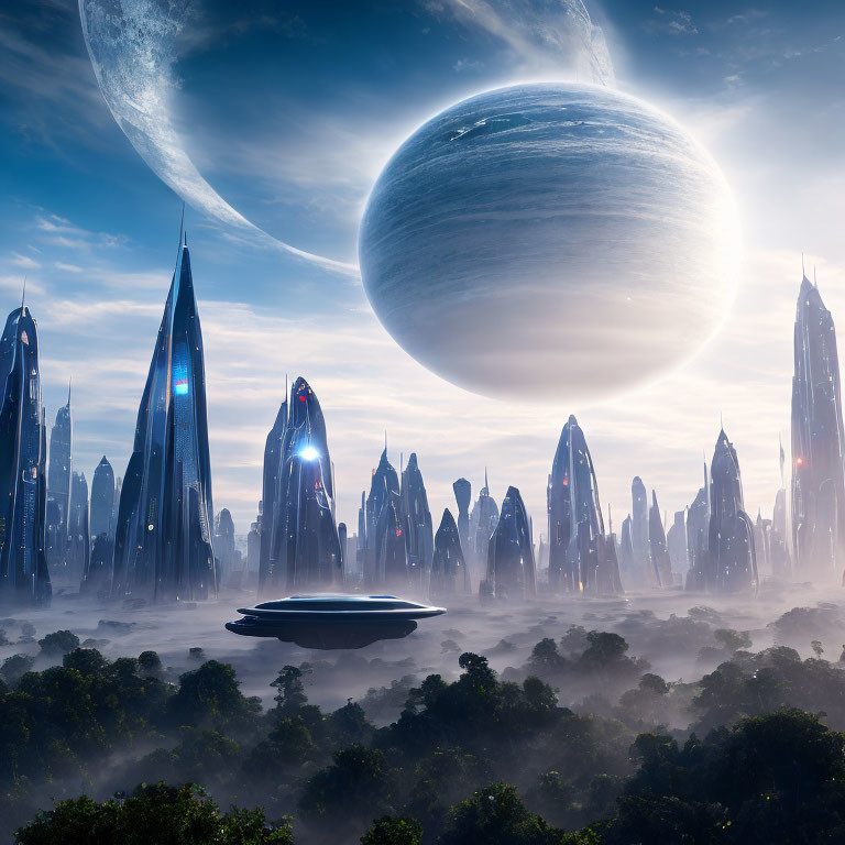 Futuristic cityscape with towering buildings and alien sky.