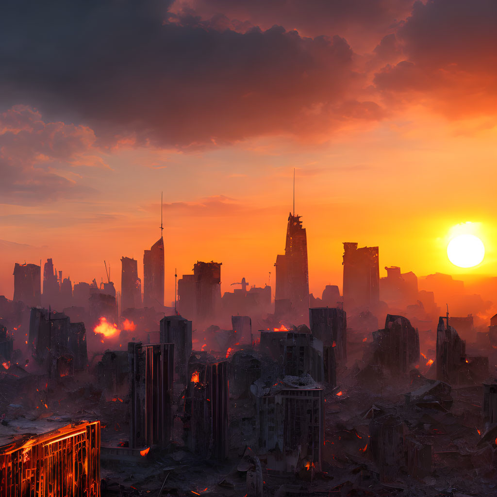 Dystopian sunset cityscape with crumbling skyscrapers and fires