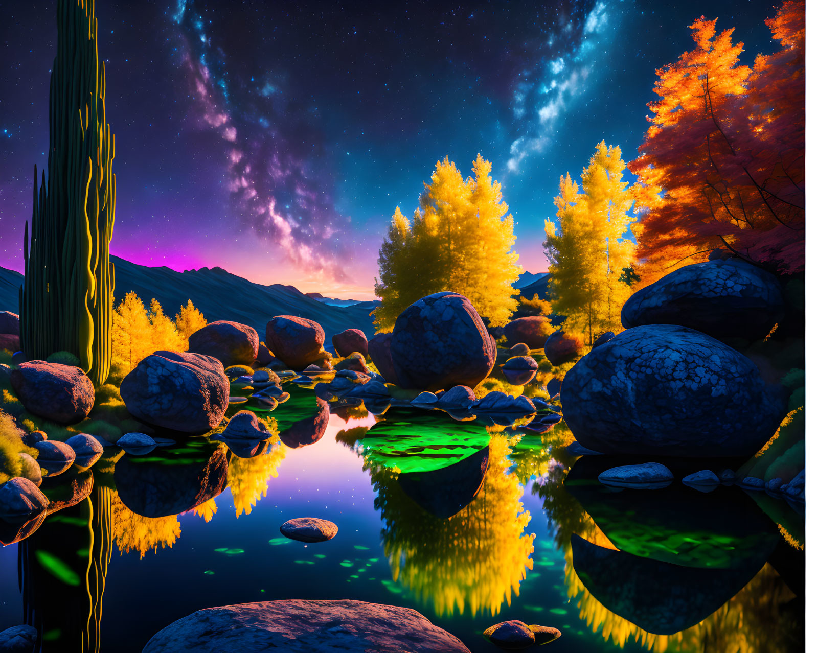 Colorful Autumn Trees Reflecting in Lake Under Starry Sky