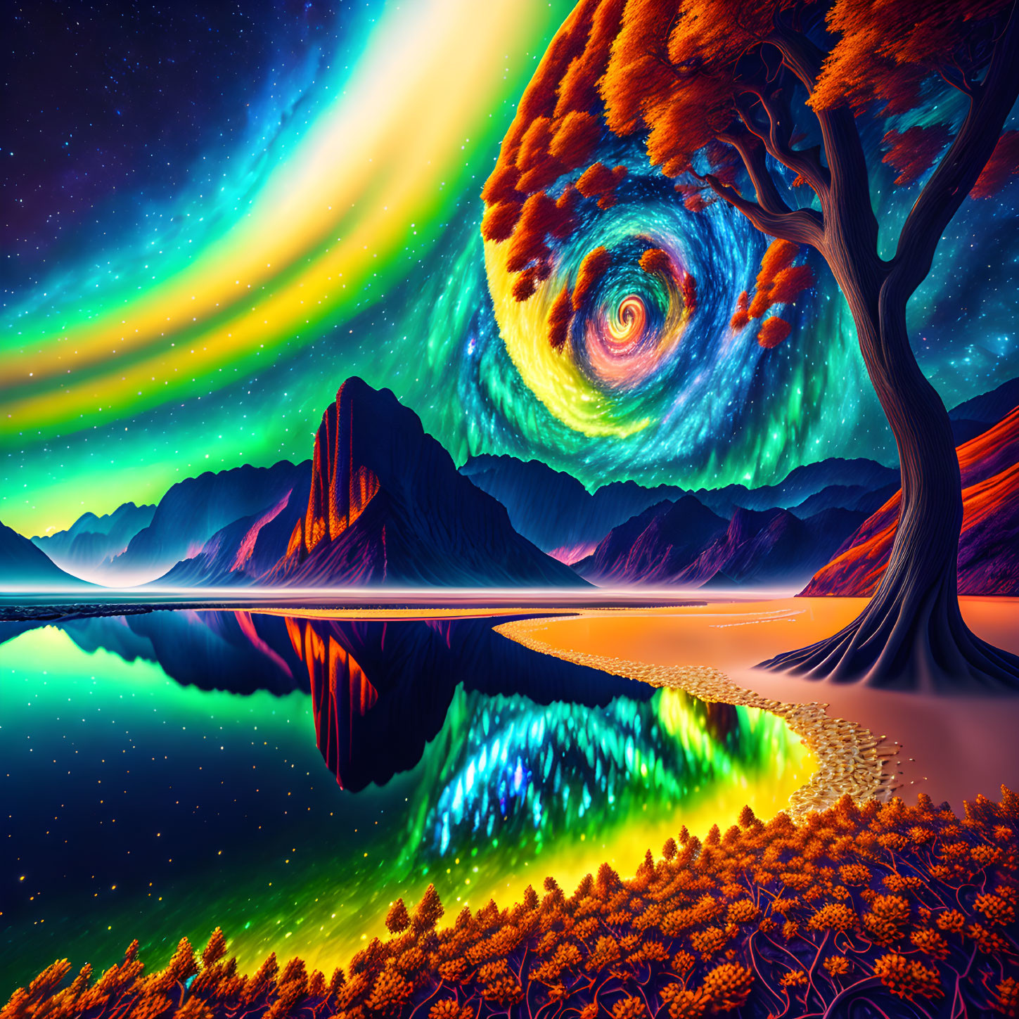Surreal landscape with swirling sky and colorful flora