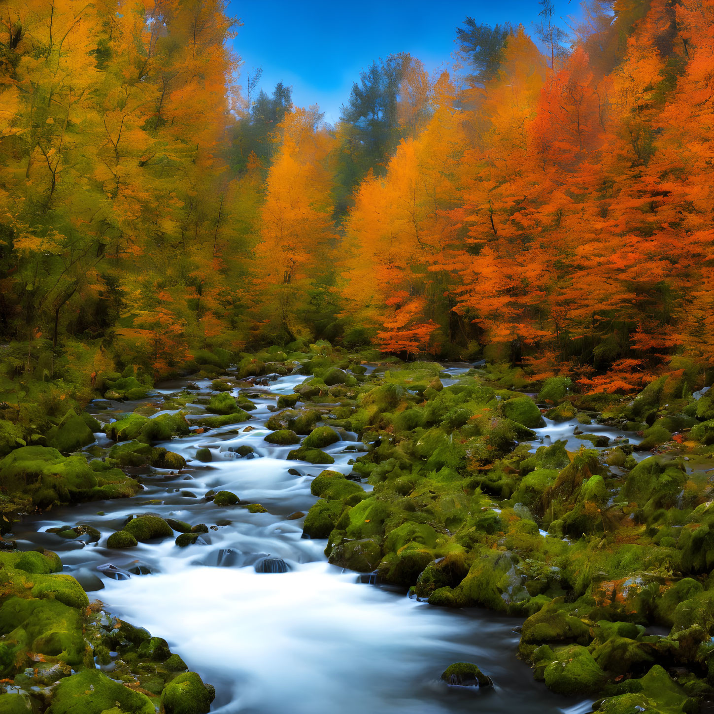 Tranquil autumn stream with vibrant foliage and moss-covered rocks
