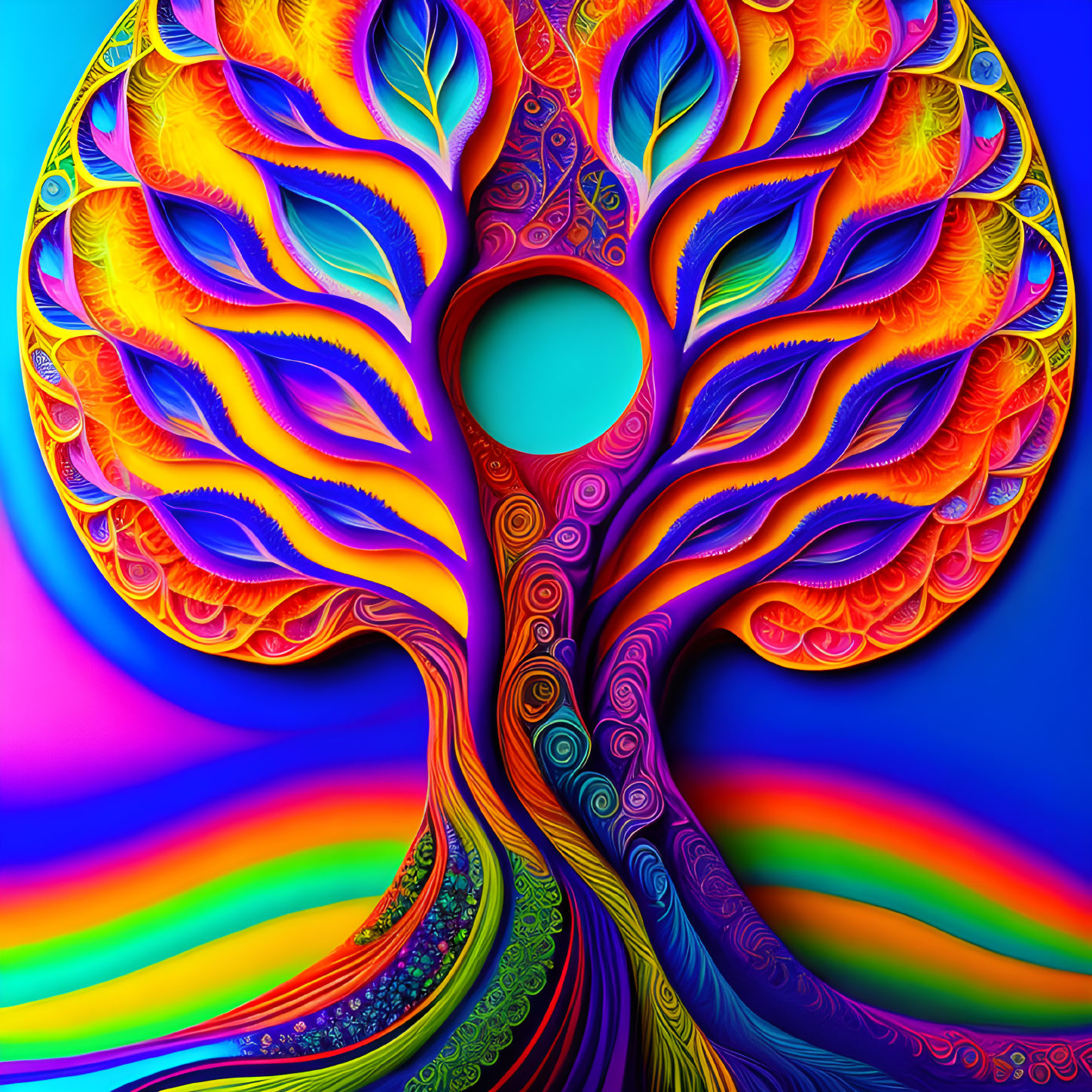 Colorful psychedelic tree illustration on blue background