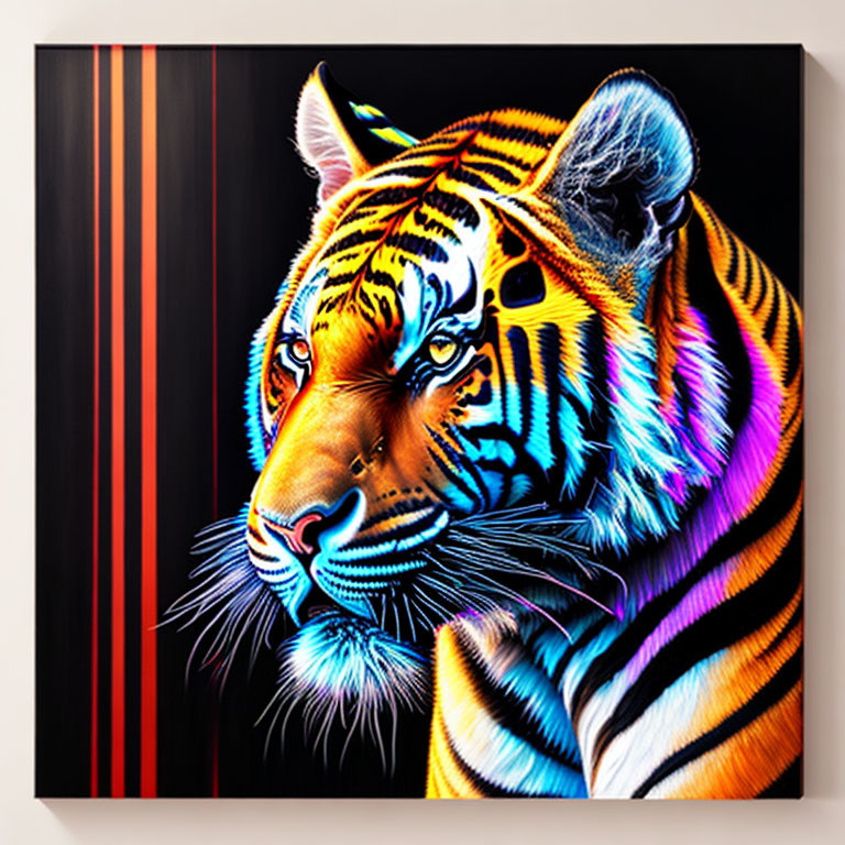 Colorful Tiger Face Artwork with Bold Striped Accents