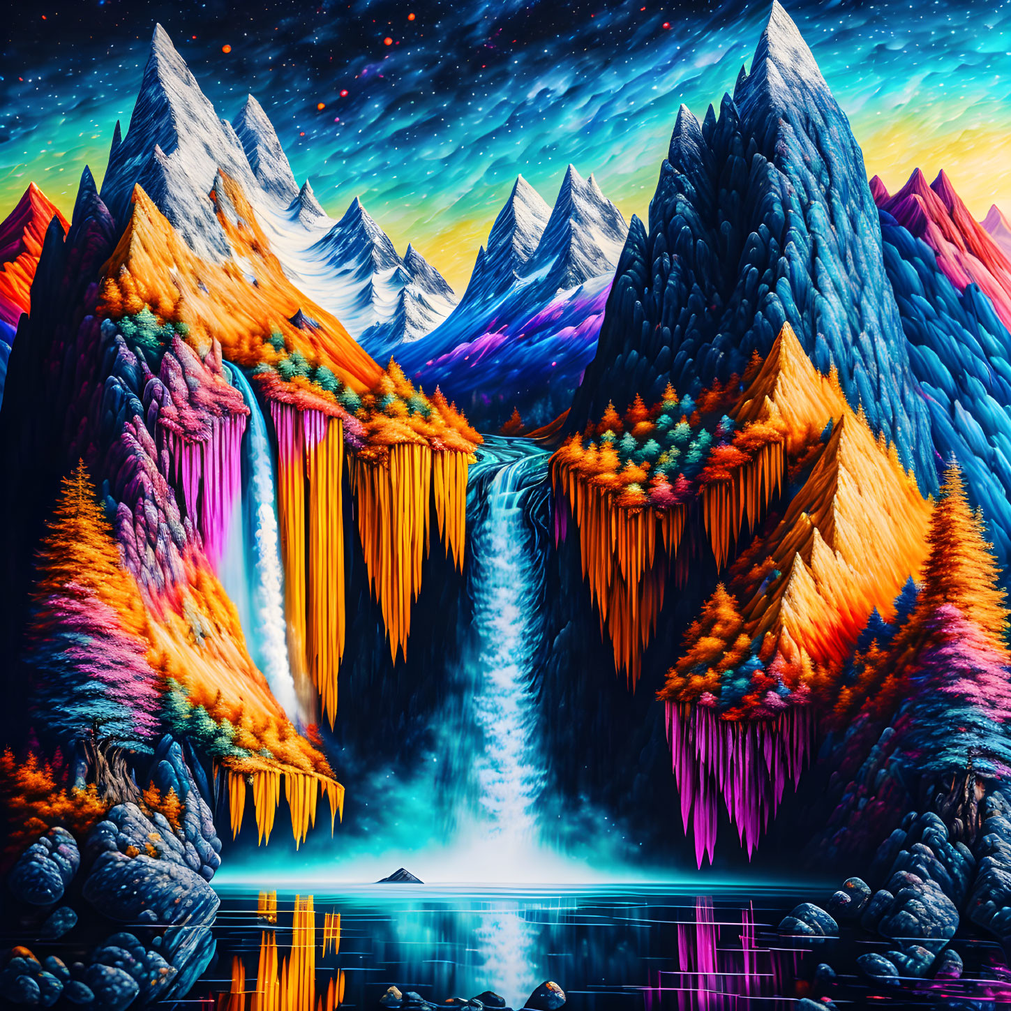 Colorful digital artwork: surreal neon landscape with mountains, waterfalls, lake