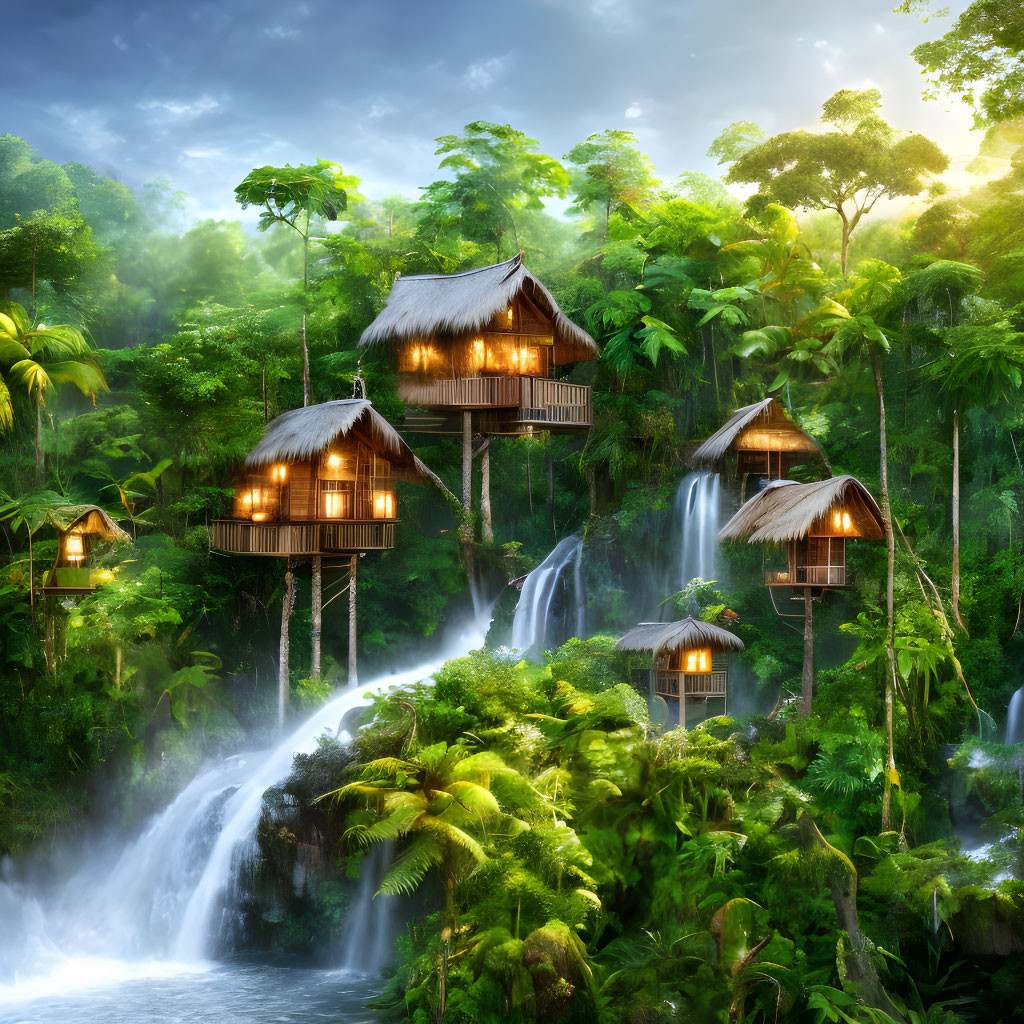 Tropical waterfall scene with thatched-roof huts and lush greenery