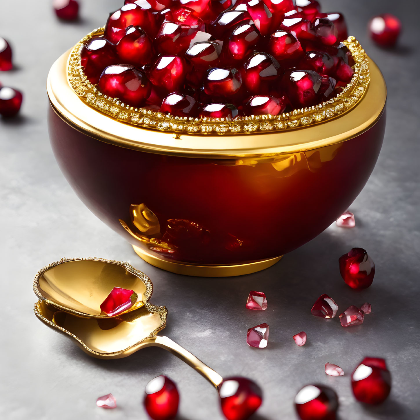 Golden Bowl with Pomegranate Seeds on Gray Surface