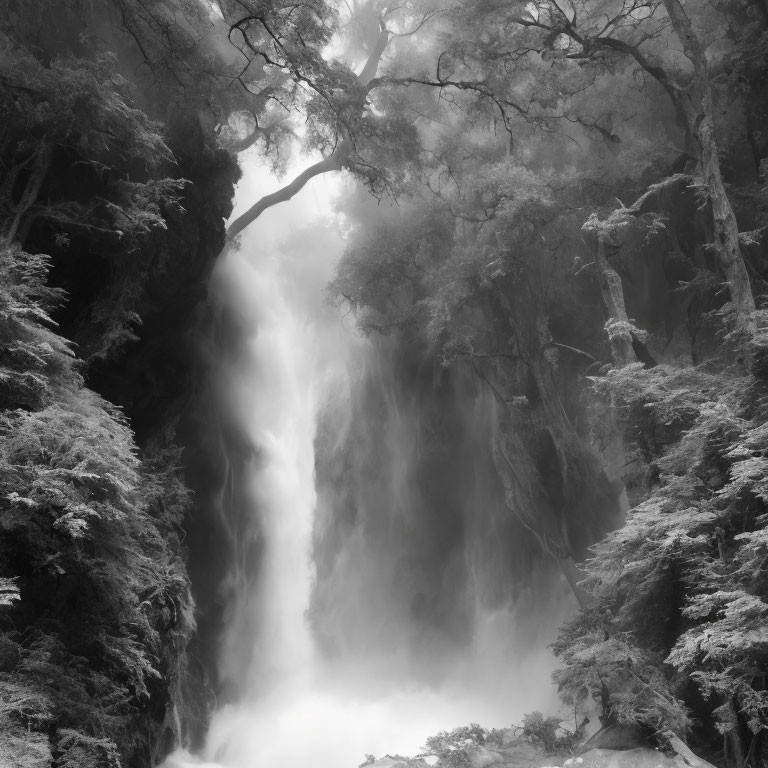Monochrome photo of misty waterfall in forest fog