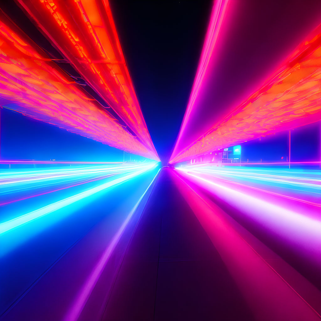 Colorful Neon Lights in Tunnel Converging to Vanishing Point