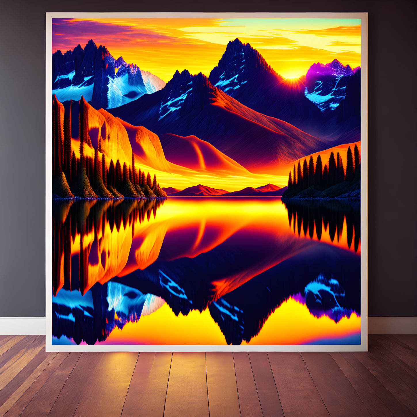 Colorful Mountain Reflection Painting at Sunset on Easel