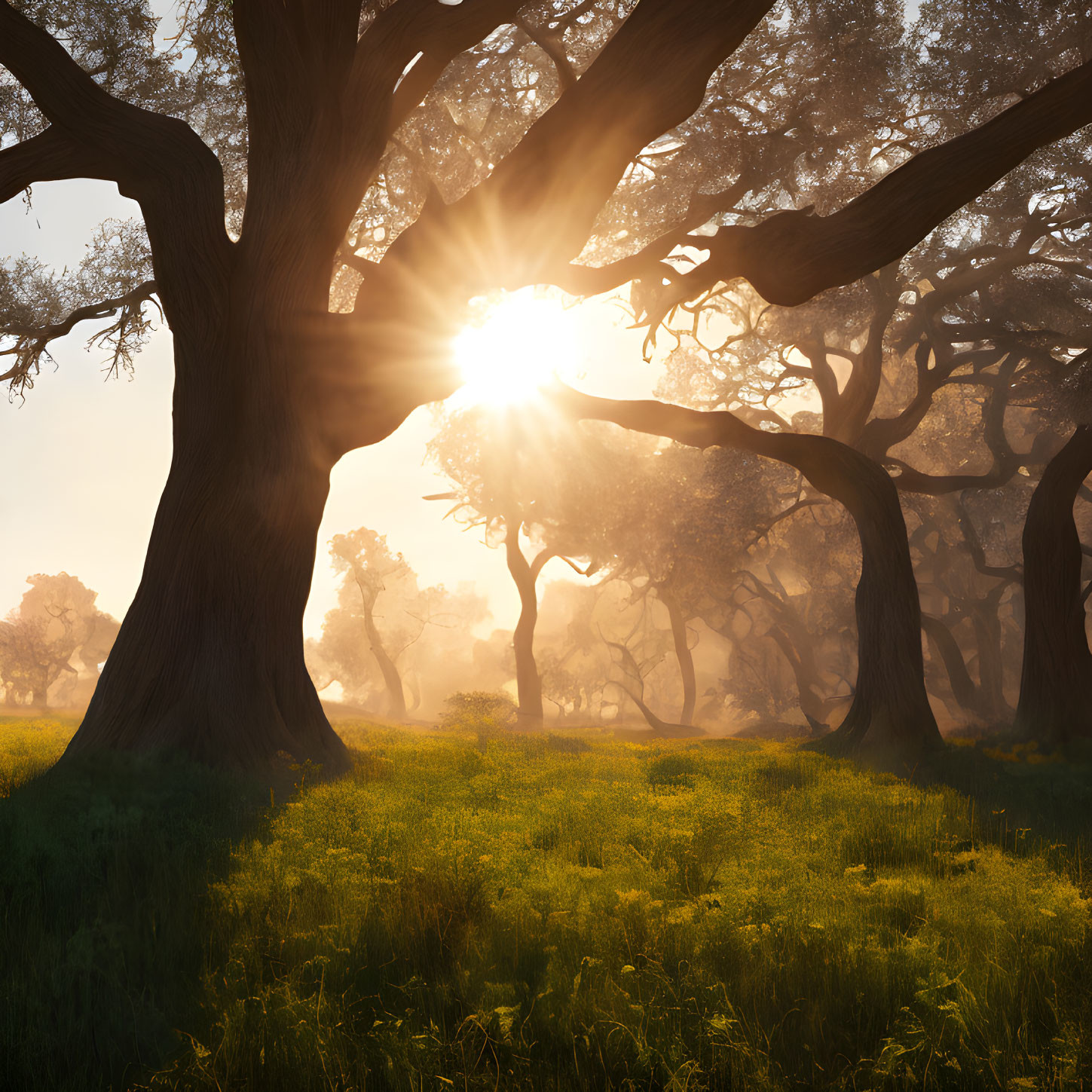Ancient forest with twisted trees and lush green grass under sunlight